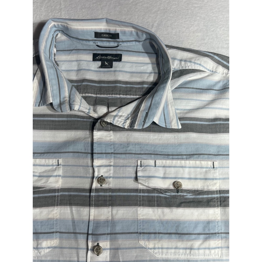 Eddie Bauer Mens 2XL Classic Fit Short Sleeve Striped Button Up Shirt Blue Grey